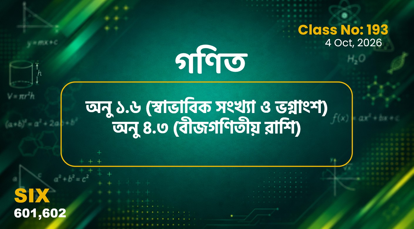 Class SIx (601, 602)[Class No-193] গণিত-অনু ১.৬ (স্বাভাবিক সংখ্যা ও ভগ্নাংশ)অনু ৪.৩ (বীজগণিতীয় রাশি)