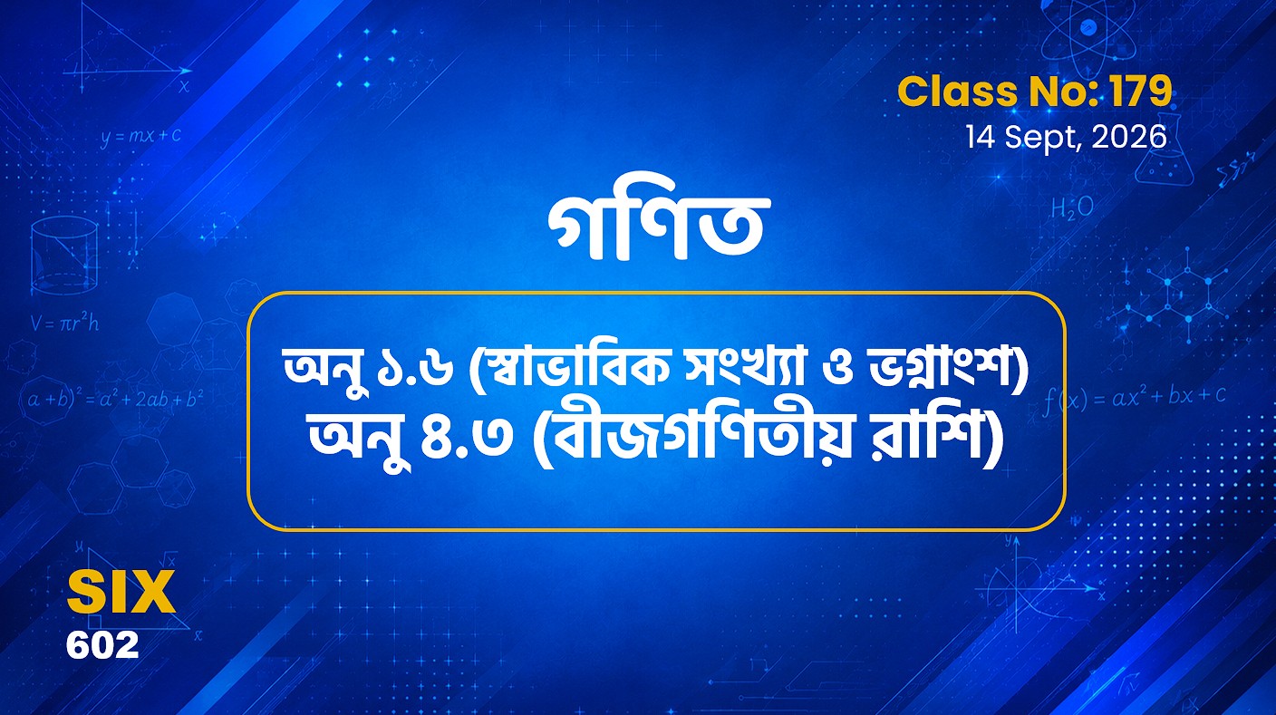 Class Six (602)[Class No-179] গণিত অনু ১.৬ (স্বাভাবিক সংখ্যা ও ভগ্নাংশ) অনু ৪.৩ (বীজগণিতীয় রাশি