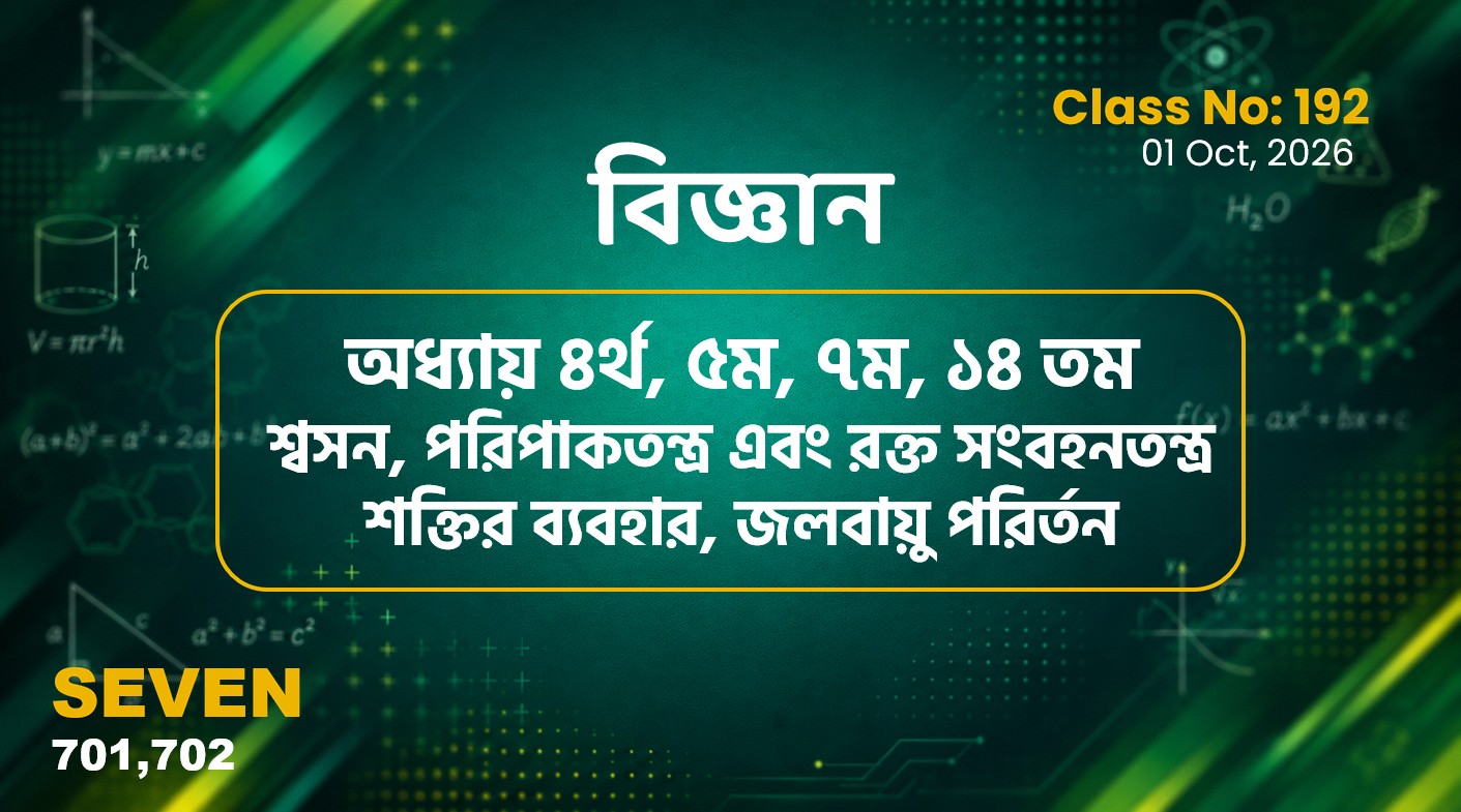 Class Seven(701, 702)[Class No-192] বিজ্ঞান-অধ্যায় ৪, ৫, ৭, ১৪- শ্বসন., পরিপাকত..., শক্তি...,জল..