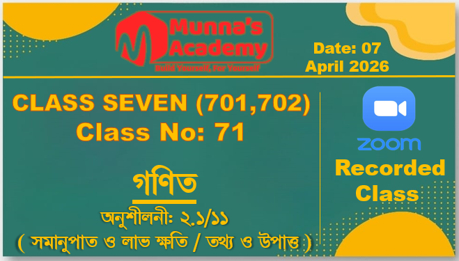 Class Seven (701,702) [Class No-71] গণিত - অনুশীলনী: ২.১/১১ ( সমানুপাত ও লাভ ক্ষতি / তথ্য ও উপাত্ত )